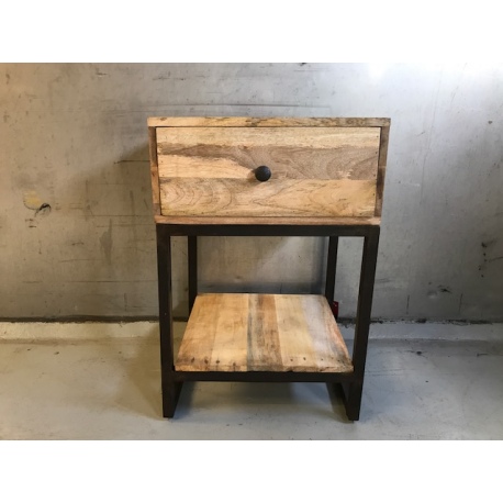 nachtkastje hout met zwart ijzer